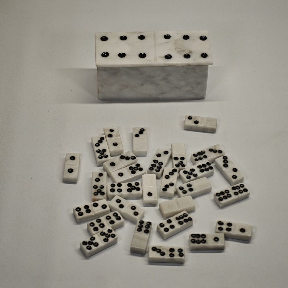 White Marble Dominoes Double Six 28 Tiles Stone Storage Box Black Pips Game Set